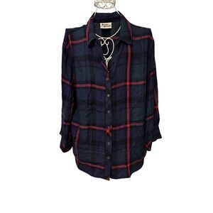 Nice Hester Orchard Flannel Shirt Women Size Large Blue Red Plaid Split Back Lon